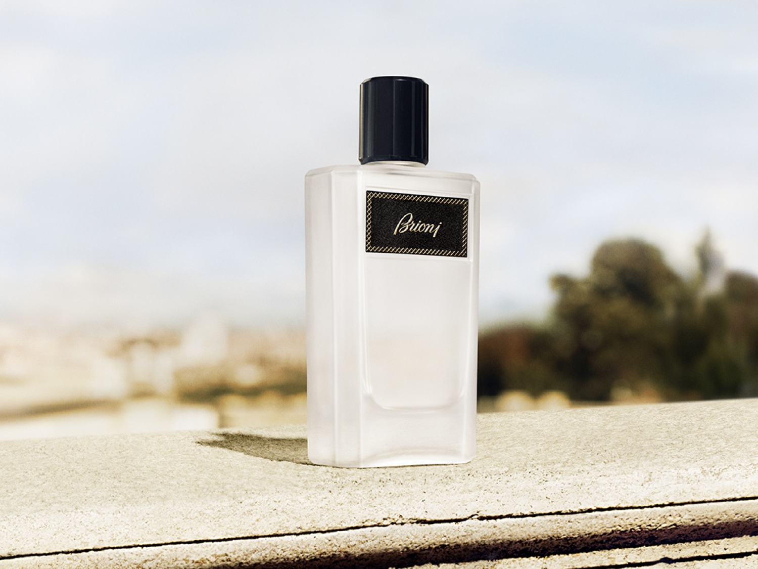 Męska woda toaletowa Brioni w matowej, prostokątnej butelce z czarnym korkiem i etykietą z nazwą marki na tle rozmytego krajobrazu.