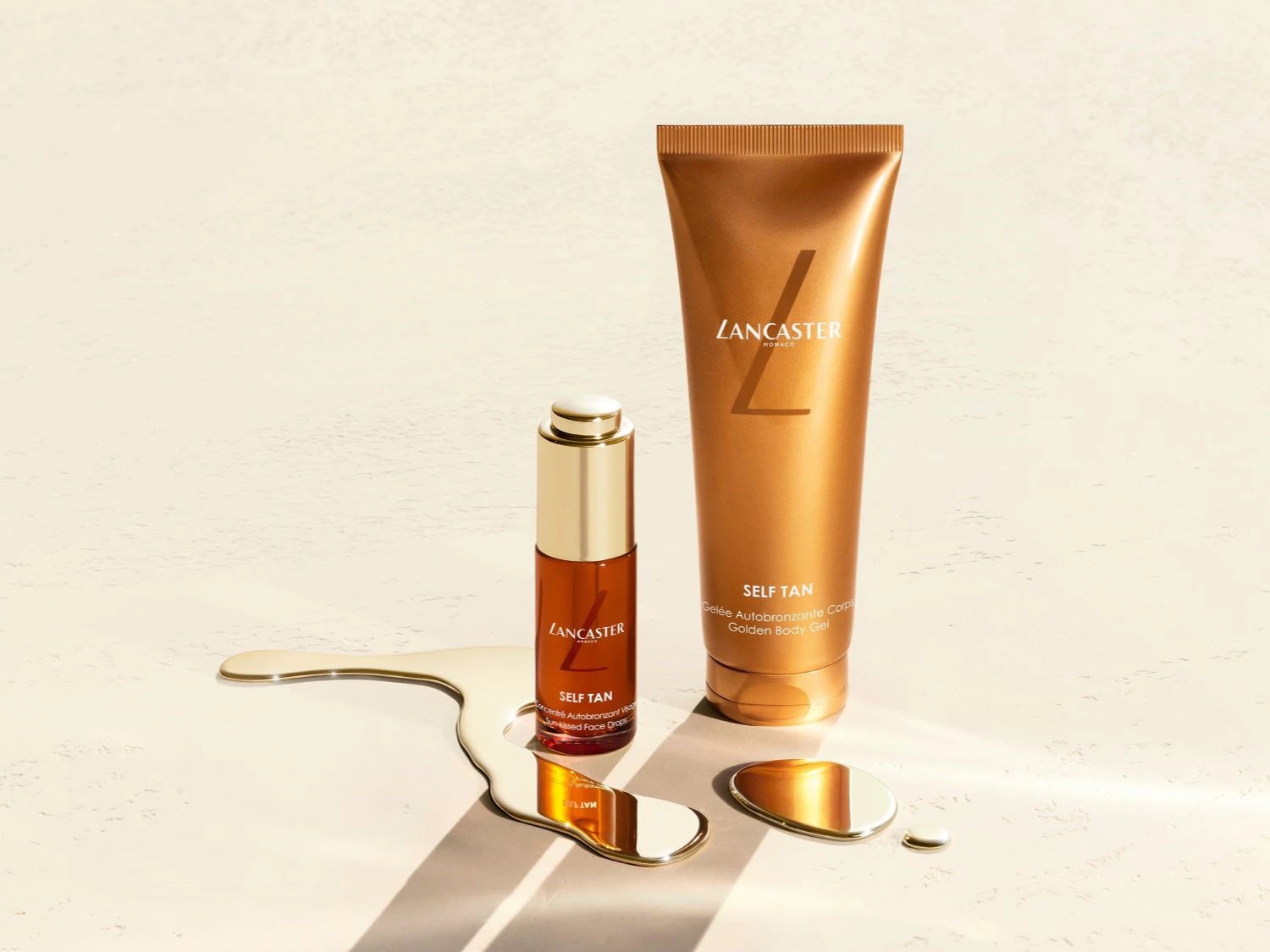 Gouden Lancaster zelfbruiningsproducten, waaronder een gel voor het lichaam en druppels voor het gezicht, voor een sunkissed gloed.