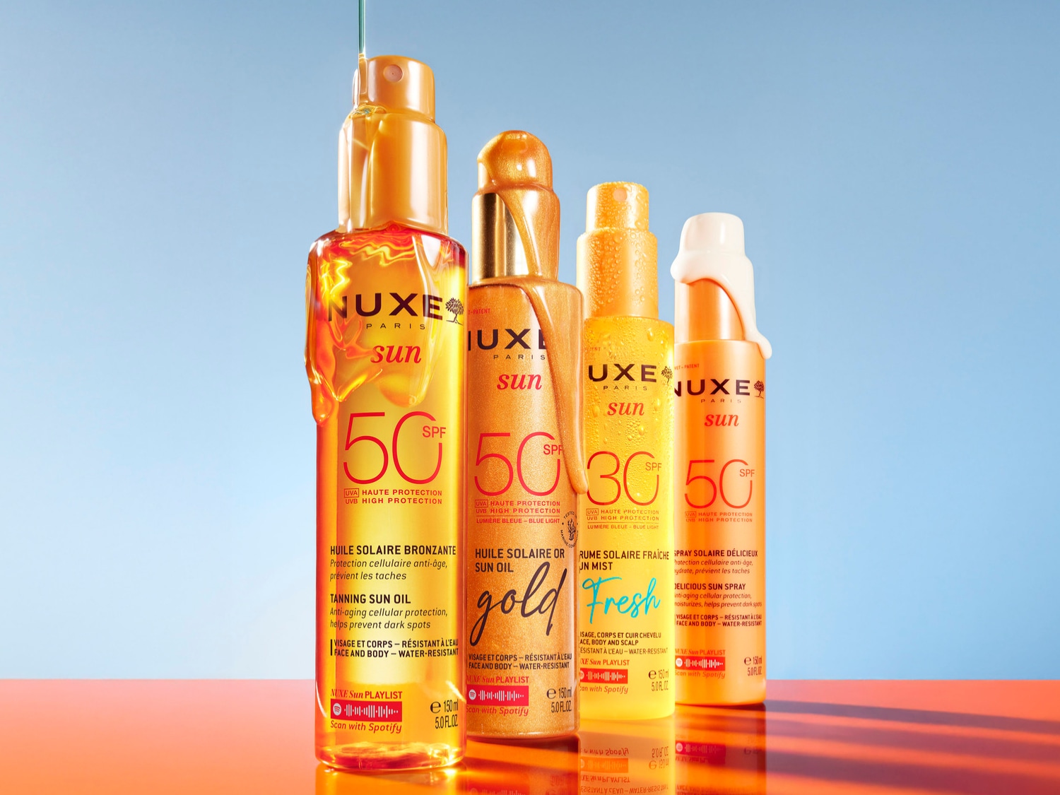 Nuxe Sun-Kollektion mit dem bräunenden Sonnenöl LSF 50, Nuxe Sun Oil Gold High Protection LSF 50, Nuxe Sun Mist Fresh LSF 30 und Nuxe Sun Delicious Sun Spray High Protection LSF 50