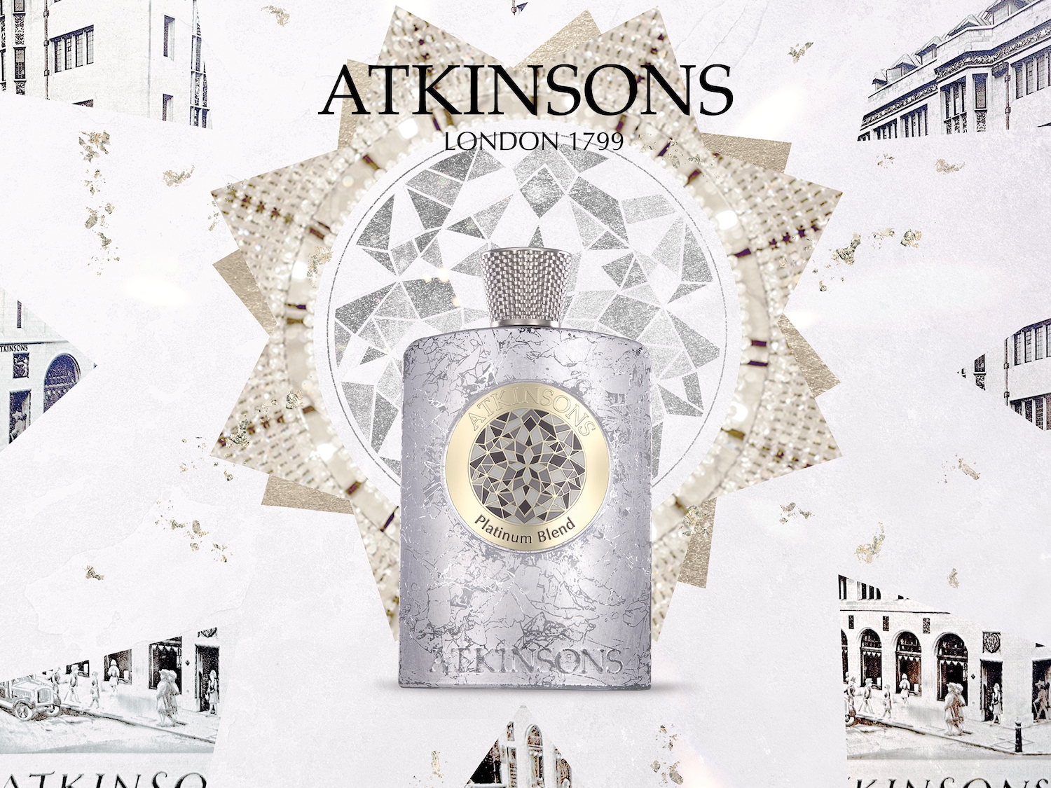 Atkinsons London 1799 Platinum Blend to woda perfumowana w srebrnym flakonie z mozaikowym wzorem, otoczonym dekoracyjnym, geometrycznym tłem.