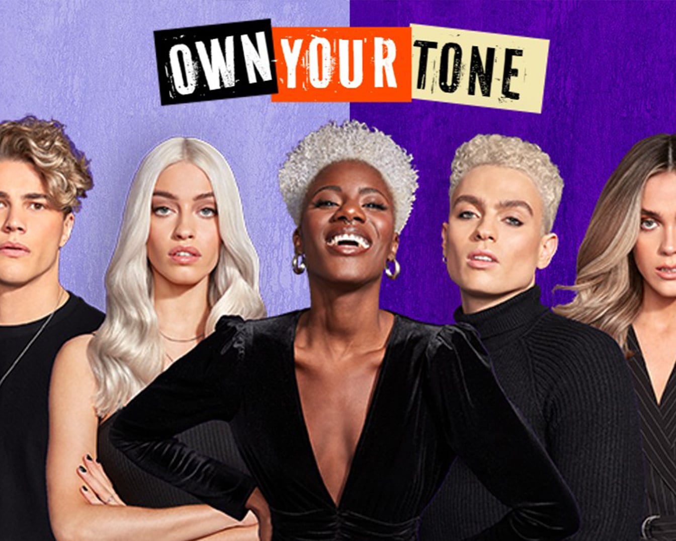 Na fioletowo-pomarańczowym tle stoi pięć osób z różnymi odcieniami włosów, a nad nimi widnieje napis "OWN YOUR TONE" promujący pewność siebie i indywidualność.