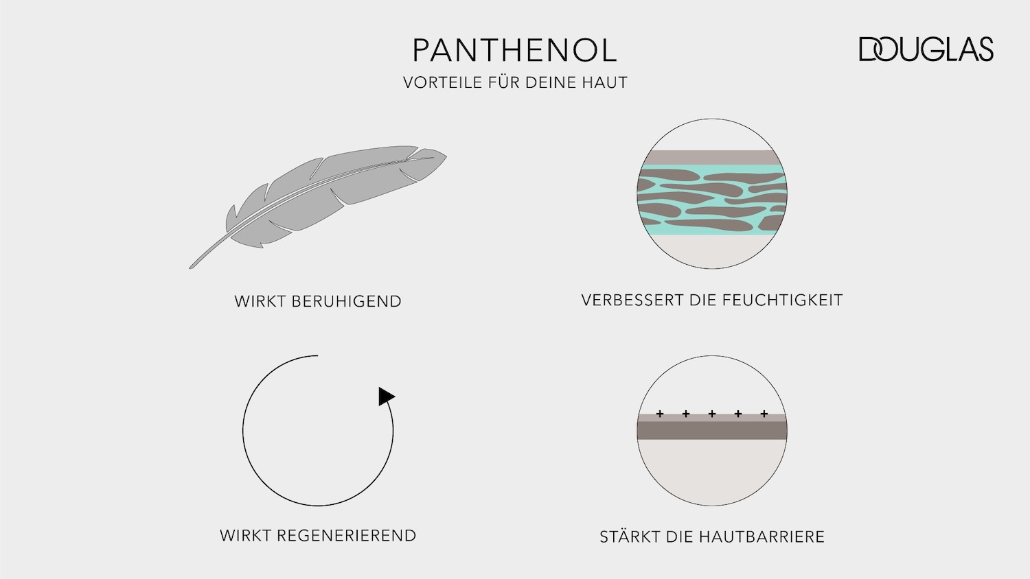 Vorteile von Panthenol für die Haut: es wirkt beruhigend, verbessert die Feuchtigkeit, regeneriert und stärkt die Hautbarriere.