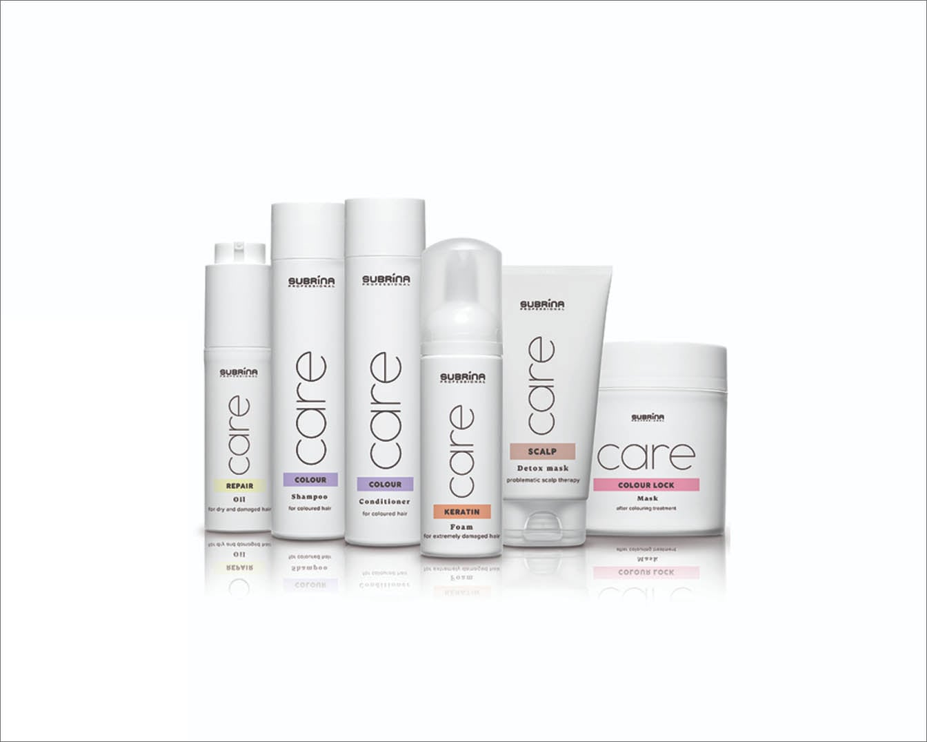 Zdjęcie przedstawia zestaw produktów do pielęgnacji włosów Subrina Care w białych opakowaniach, w tym szampon, odżywkę, maskę i olejek, przeznaczonych do różnych potrzeb włosów.