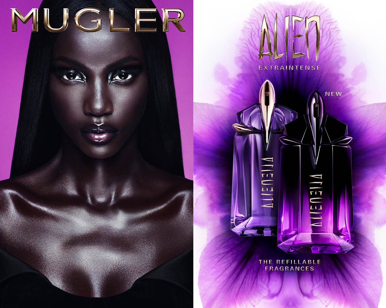 Découvrez Alien Extraintense de Mugler, un parfum rechargeable présenté aux côtés d'un mannequin à la peau foncée et aux cheveux noirs lisses, le tout sur un fond violet éclatant.