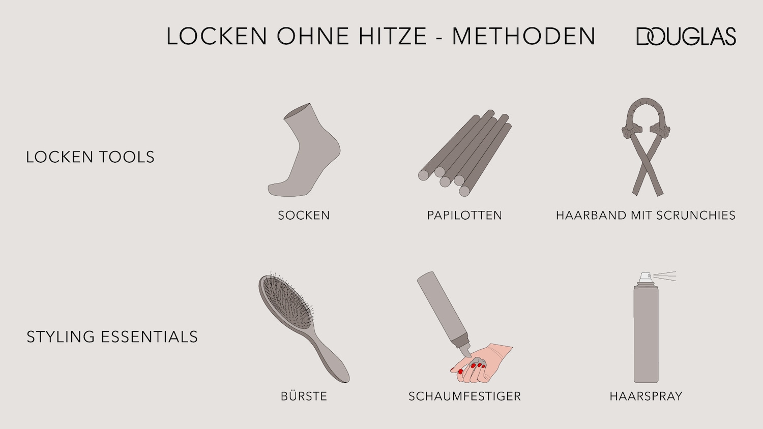 Entdecken Sie Locken ohne Hitze mit Socken, Papilotten und Haarband mit Scrunchies, sowie Styling-Essentials wie Bürste, Schaumfestiger und Haarspray für perfekte Locken.