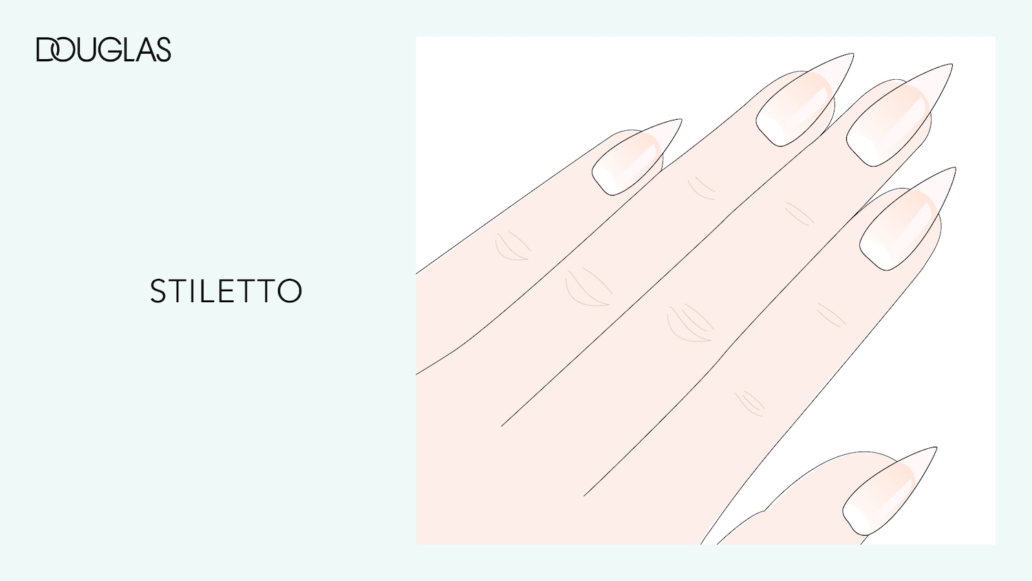 Ilustración de una mano con uñas de color melocotón claro con forma de estilete, que muestra una manicura elegante y moderna de Douglas.