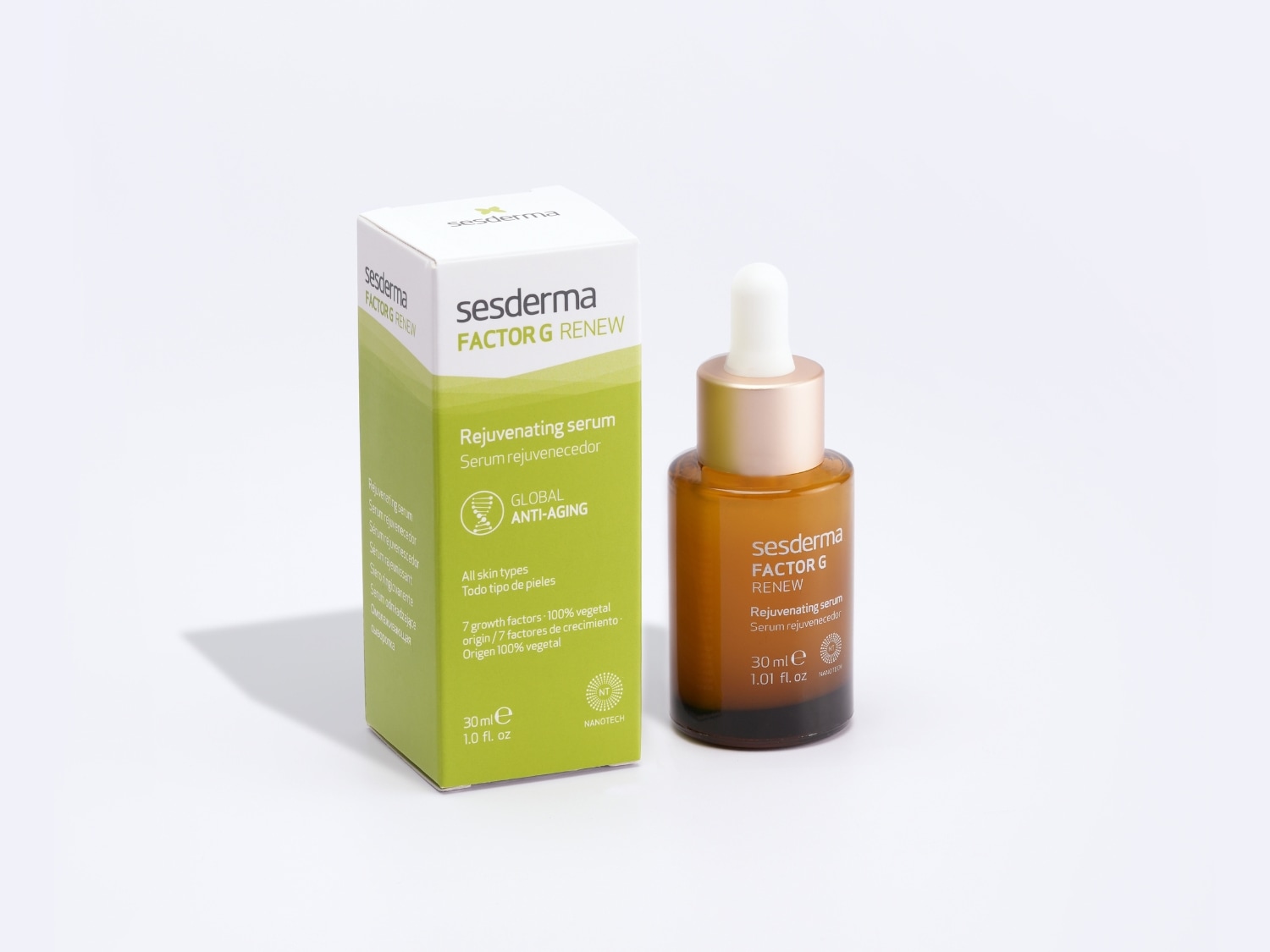 Serum Sesderma Factor G Renew w brązowej butelce z pipetą i pudełku w odcieniach bieli i zieleni, zapewniające efekt global anti-aging dla każdego typu skóry.