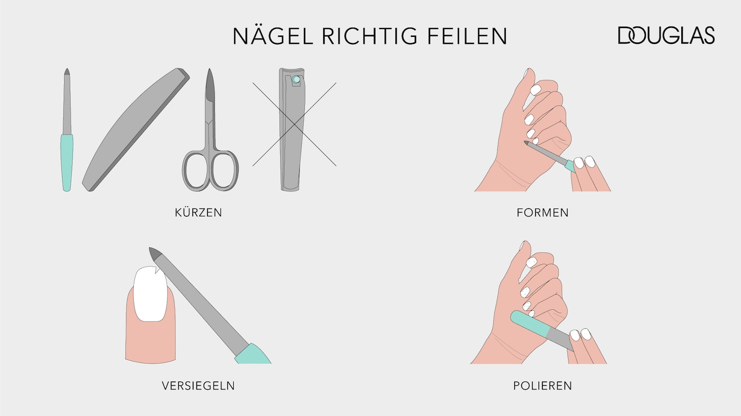 So feilen Sie Ihre Nägel richtig: Kürzen Sie sie mit einer Nagelschere, formen Sie sie mit einer Feile, versiegeln und polieren Sie sie.