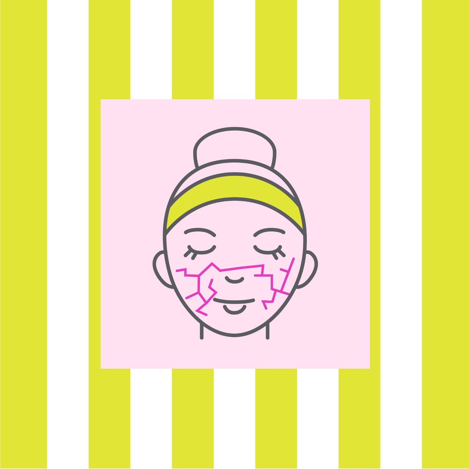 Illustratie van een gezicht met roze lijnen die een droge huid voorstellen, tegen een achtergrond van gele en witte strepen.