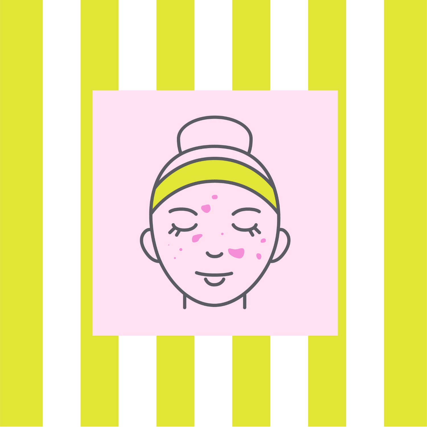 Illustratie van een gezicht met acne, weergegeven op een roze achtergrond met een geel-wit gestreepte achtergrond.