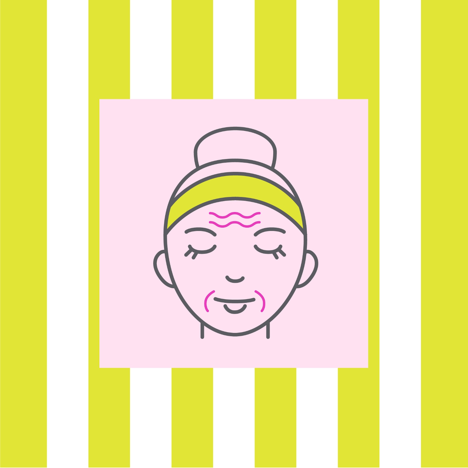 Illustratie van een gezicht met een haarband en rimpels op een roze achtergrond, geplaatst op een gestreepte achtergrond in geel en wit.