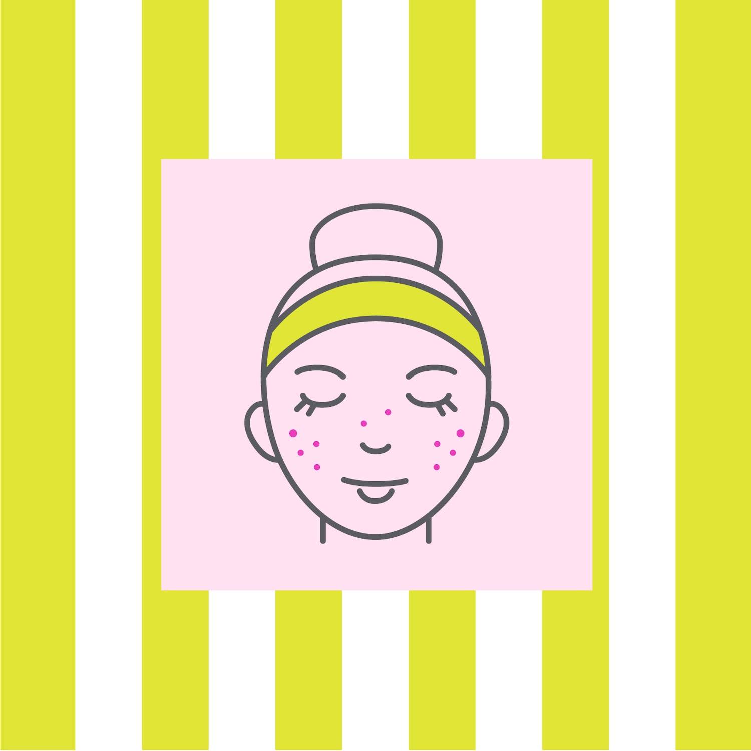 Illustratie van een gezicht met een haarband en rode vlekjes op een roze achtergrond met gele en witte strepen.