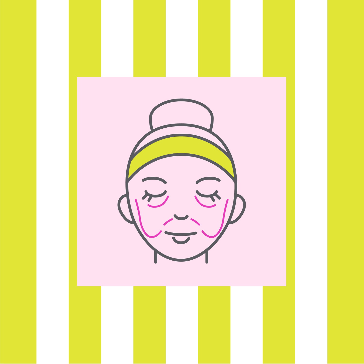 Illustratie van een gezicht met een haarband en lijnen die de huidelasticiteit aangeven, geplaatst op een roze achtergrond met gele en witte verticale strepen.