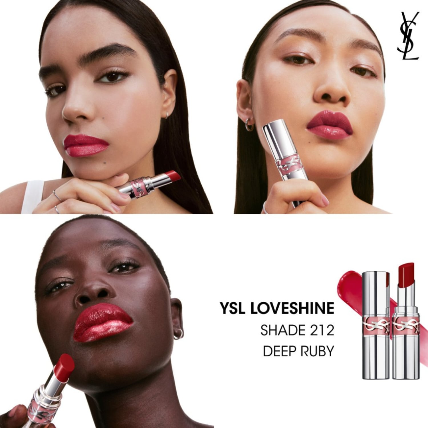 Drie modellen tonen YSL Loveshine lippenstift in tint 212 Deep Ruby, verpakt in een zilveren huls met het YSL-logo.