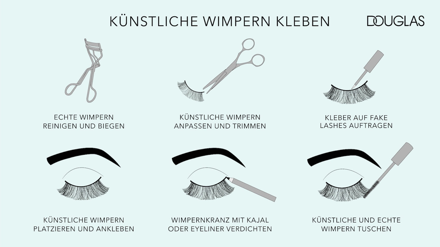 Schritte zum Anbringen künstlicher Wimpern: Reinigen und biegen Sie zuerst Ihre echten Wimpern mit einer Wimpernzange.