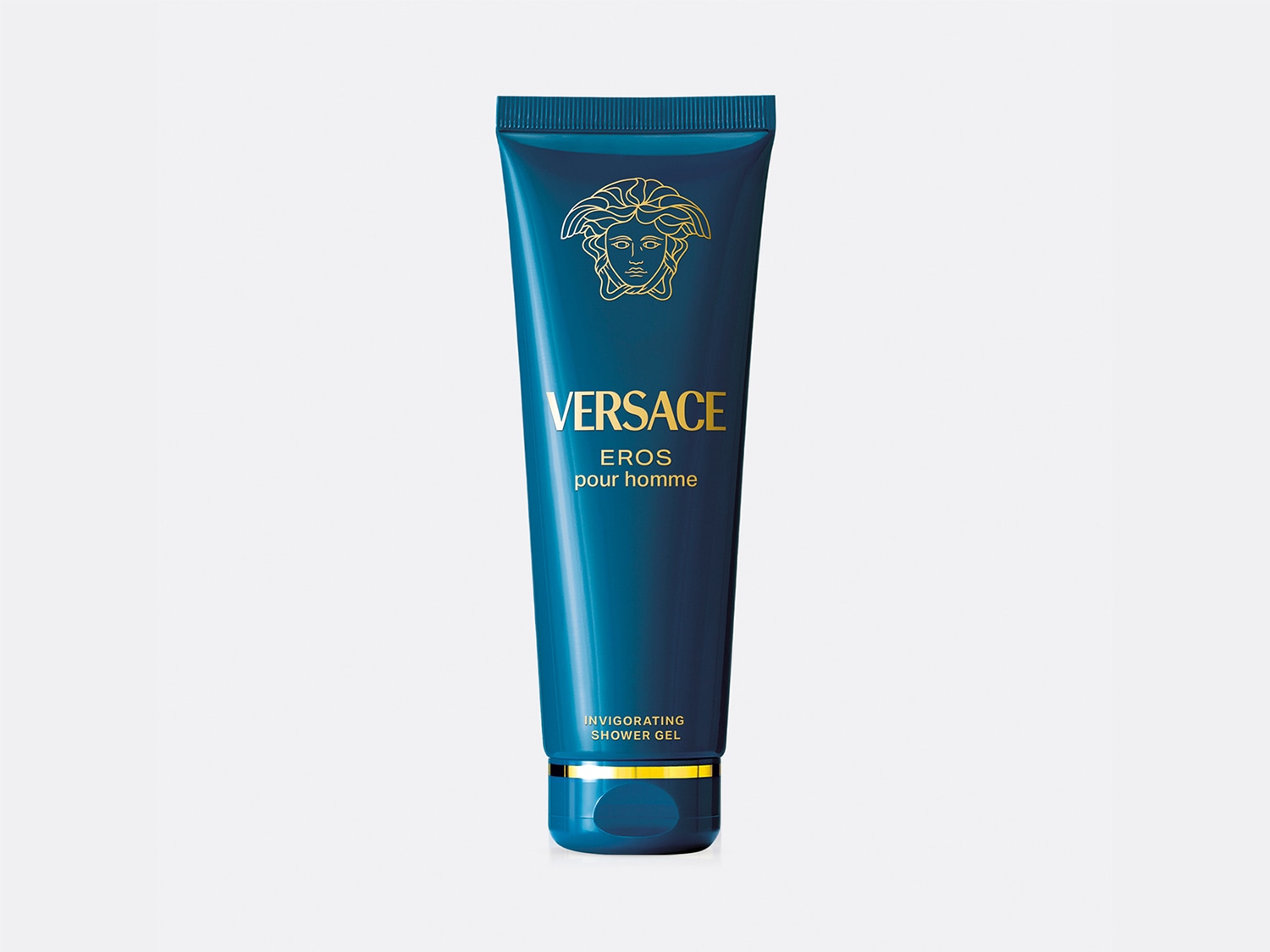 Versace Eros Pour Homme Duschgel in einer blaugrünen Tube mit goldener Aufschrift und dem Versace-Logo.