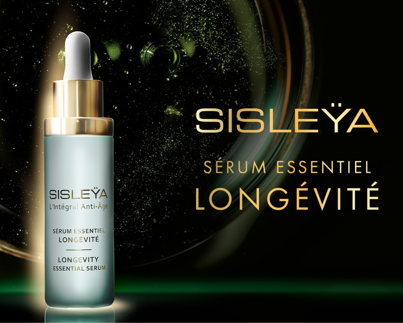 Siero essenziale longevità Sisleÿa: flacone azzurro-verde con contagocce dorato e tappo bianco, per un trattamento anti-età completo.