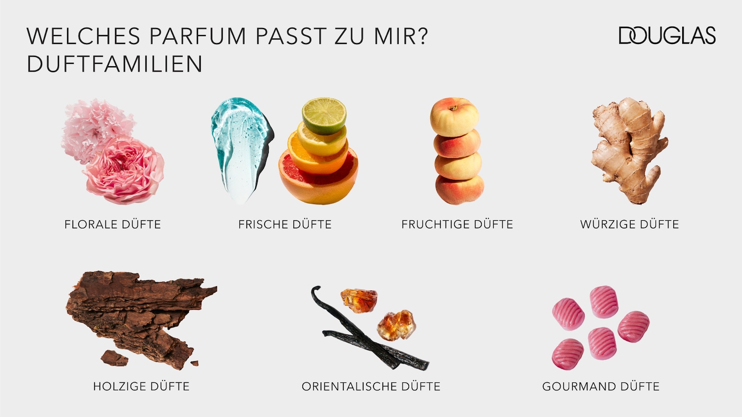 Find your perfect fragrance with Douglas: floral scents with pink roses, fresh scents with citrus, fruity scents with peaches, and spicy scents with ginger.