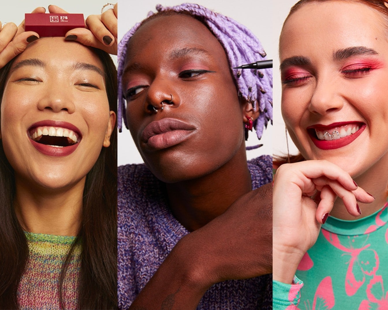 Drei lächelnde Personen mit ausdrucksstarkem Make-up präsentieren verschiedene 3ina-Produkte.