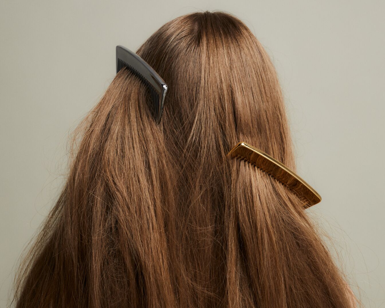 Vista posteriore di lunghi capelli castano chiaro con due pettini, uno nero e uno dorato, infilati tra le ciocche.