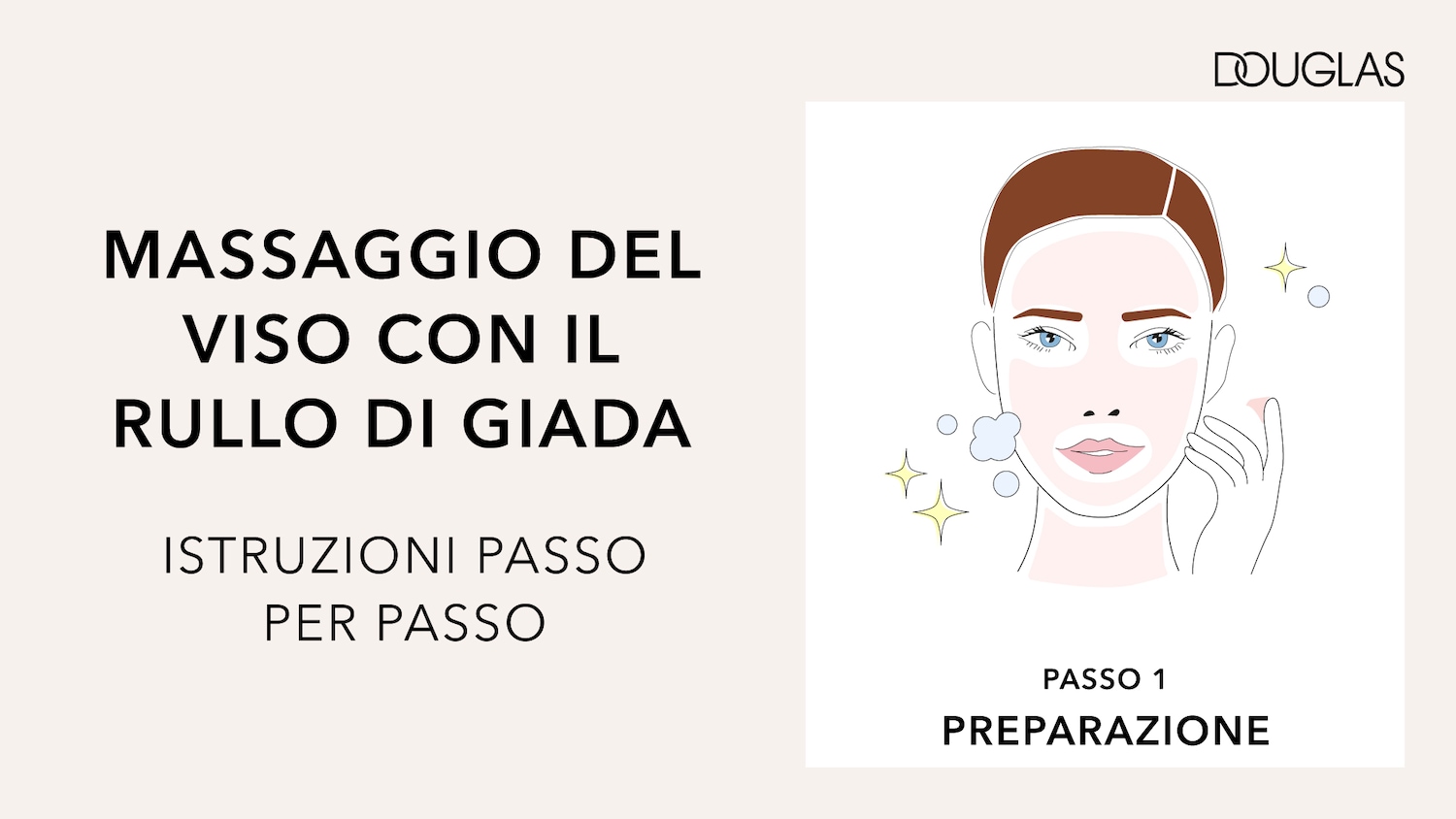 Illustrazione che mostra i passaggi per il massaggio viso con rullo di giada, con la scritta 'Massaggio del viso con il rullo di giada' e 'Passo 1: Preparazione'.