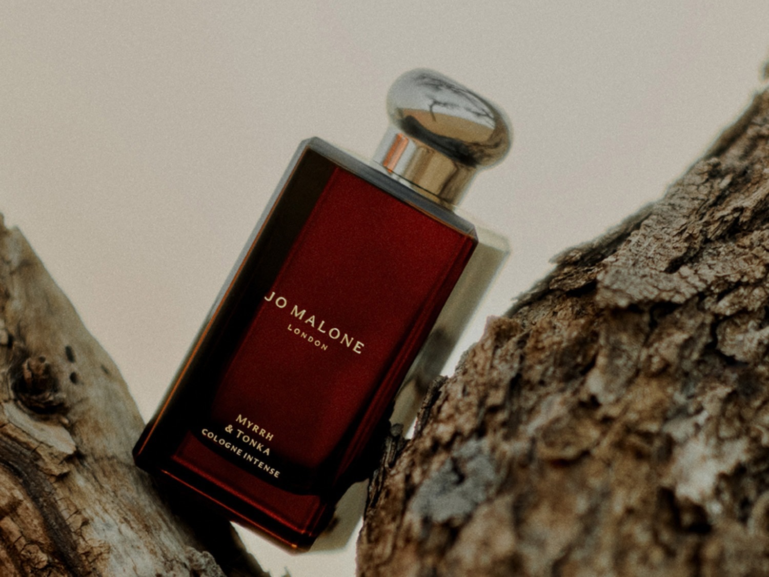 Een rechthoekige, bordeauxrode Jo Malone London Myrrh & Tonka Cologne Intense flacon met zilveren dop rust op een stuk ruwe boomschors.