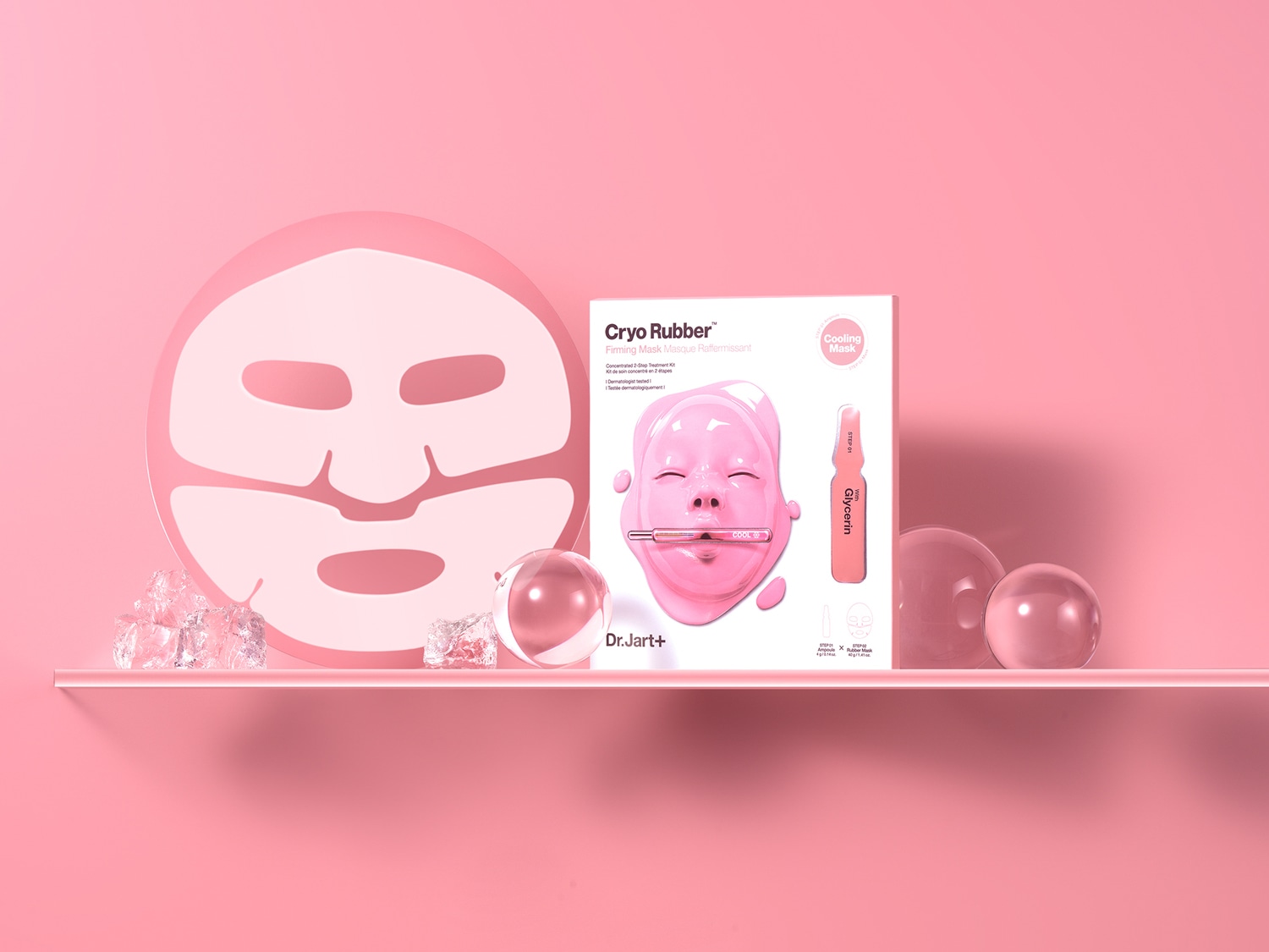 A Dr.Jart+ Cryo Rubber Firming Mask rózsaszín csomagolásban, amely egy hűsítő maszkot és glicerint tartalmaz a feszesebb bőrért.