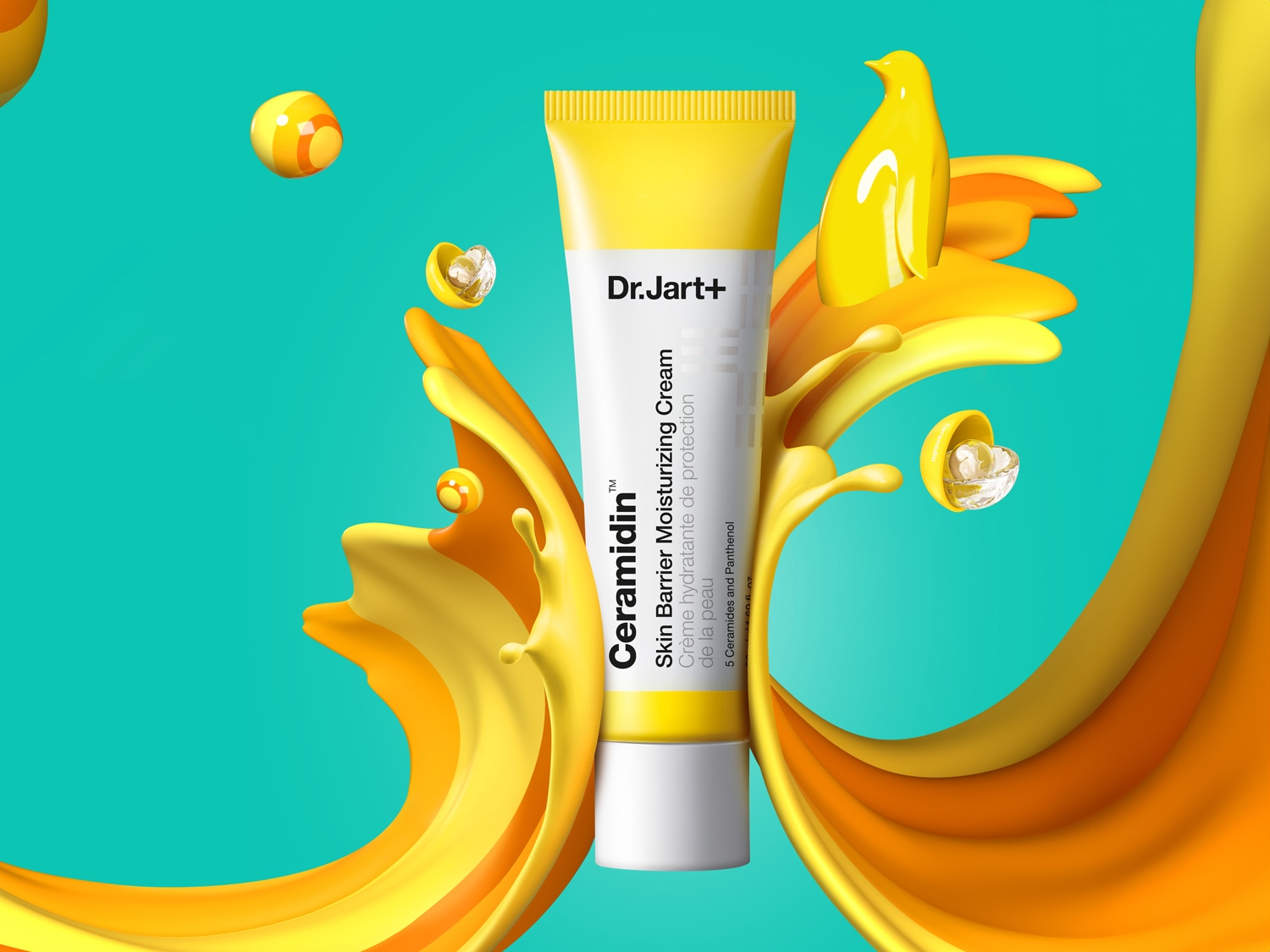 A Dr.Jart+ Ceramidin™ Skin Barrier hidratáló krém sárga tubusban, mely ceramidokat és panthenolt tartalmaz a bőr védelmére.