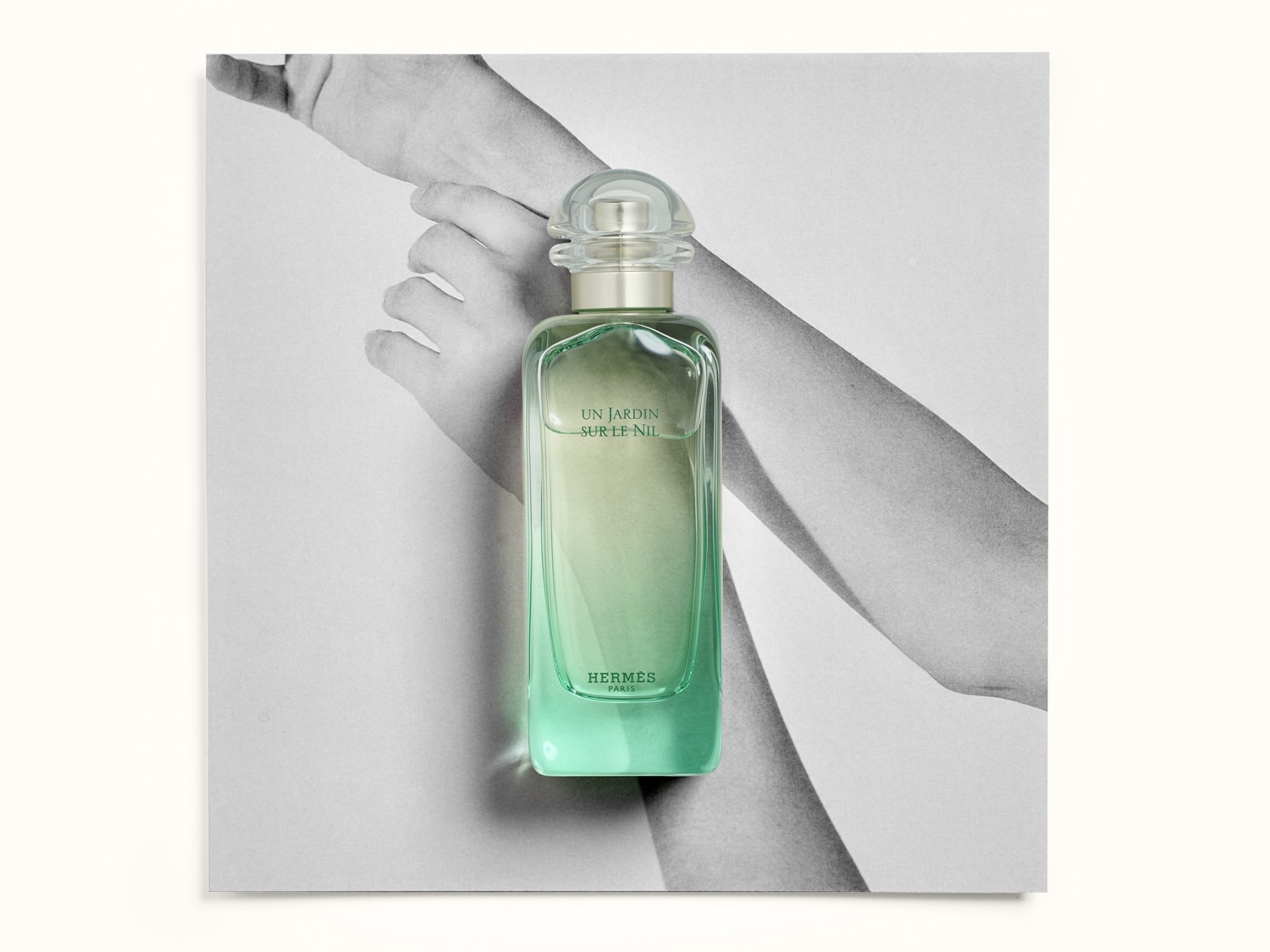 Un flacone di profumo Hermès "Un Jardin Sur Le Nil" con un liquido verde sfumato, posizionato su uno sfondo in bianco e nero che mostra le braccia incrociate di una persona.
