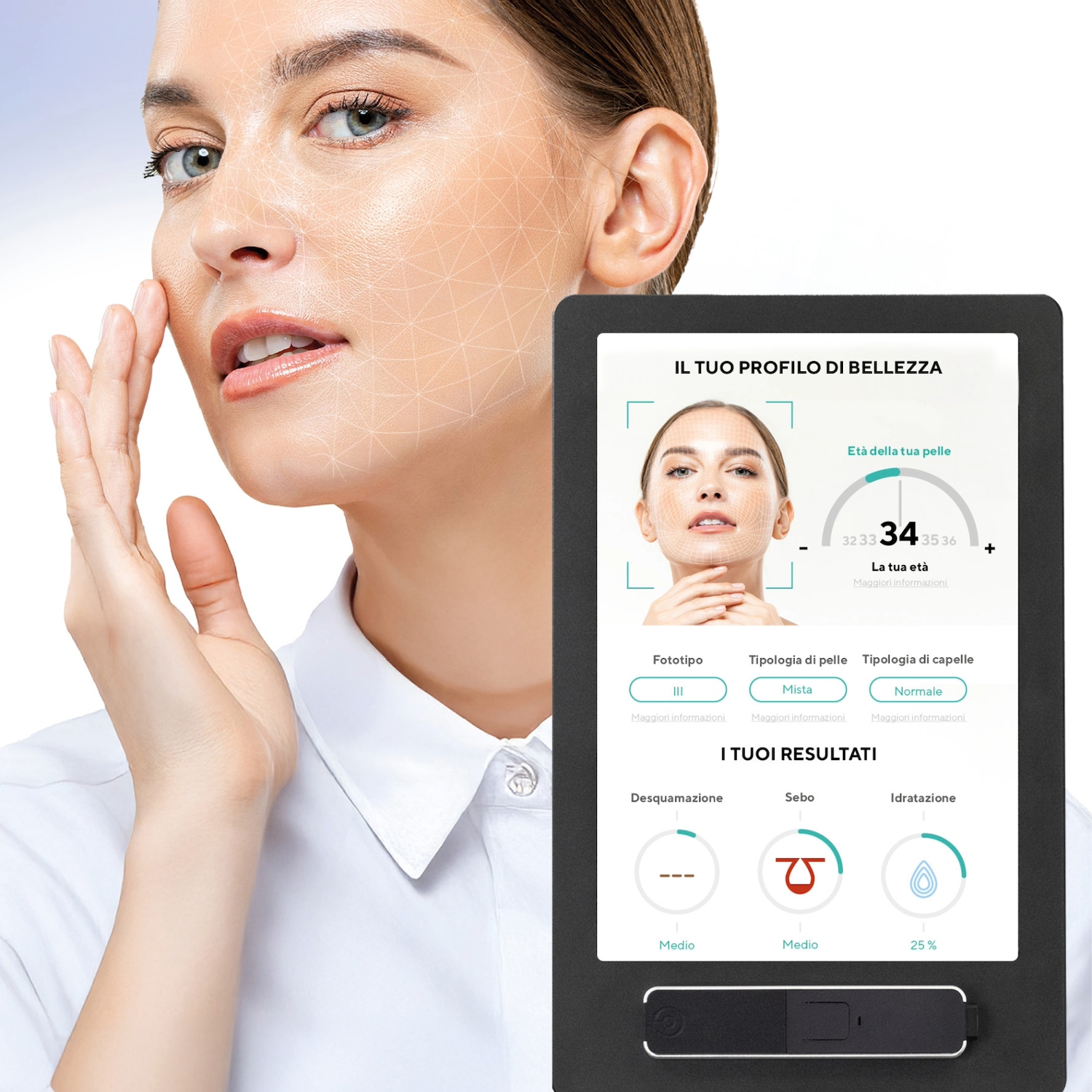 Scopri il tuo profilo di bellezza con l'analisi della pelle: età, fototipo, tipo di pelle e capelli, desquamazione, sebo e idratazione.