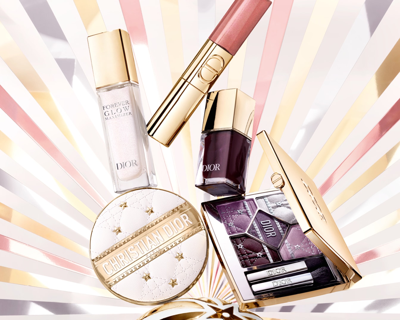 La collezione Dior presenta Forever Glow Maximizer, lucidalabbra dorato, smalto bordeaux, cipria trapuntata Christian Dior e palette di ombretti viola.