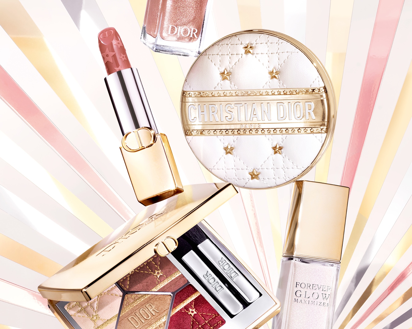 Scopri l'eleganza senza tempo con la collezione Dior: rossetto nude con stelle incise, smalto glitterato, cipria compatta trapuntata con dettagli dorati, palette ombretti dai toni caldi e illuminante Forever Glow Maximizer.