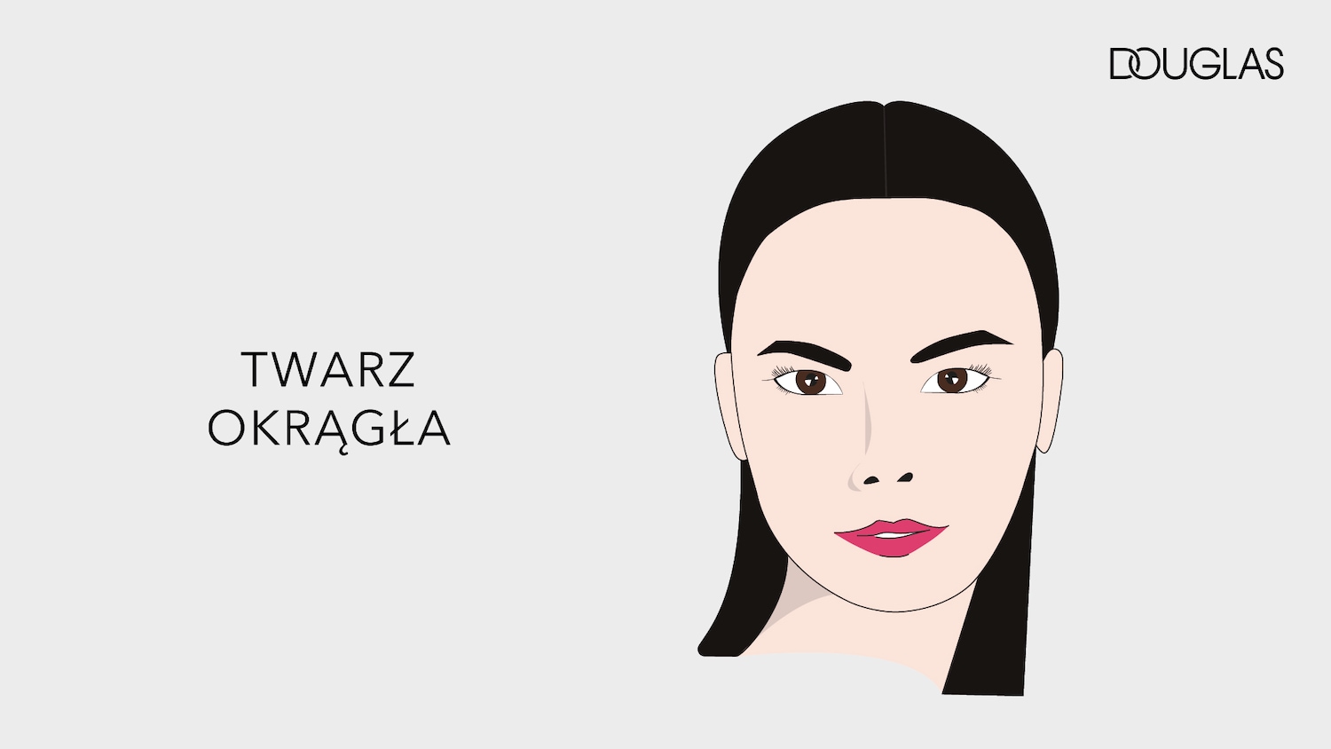 Illustration of a woman's face with a round shape, complemented by the Douglas logo, ideal for beauty and makeup guidance.