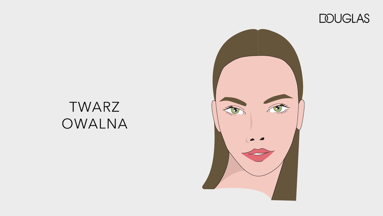 Ilustracja przedstawia owalny kształt twarzy kobiety z brązowymi włosami i zielonymi oczami, z logo Douglas w prawym górnym rogu.
