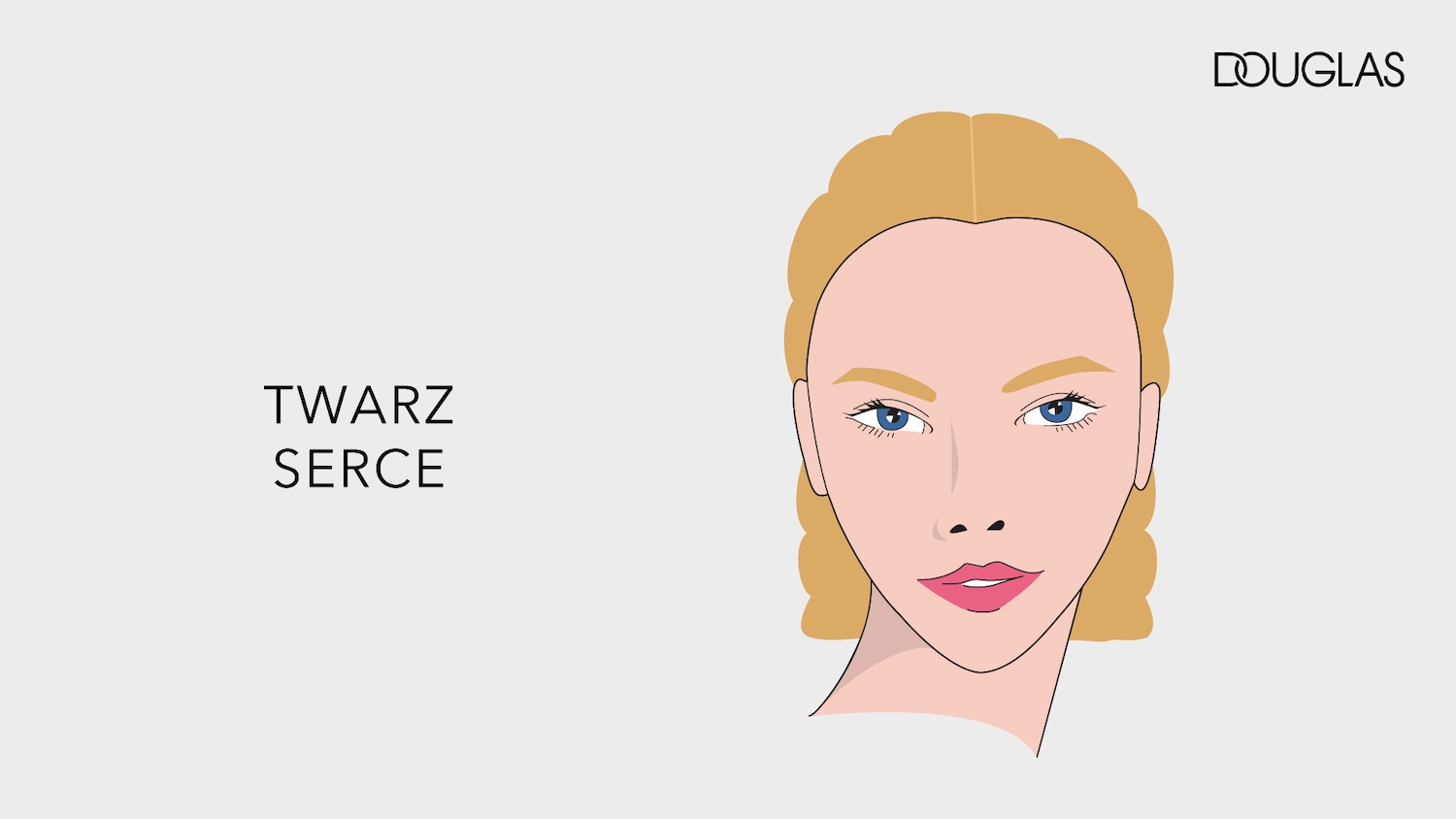 Ilustracja przedstawia kobiecą twarz w kształcie serca z blond włosami i delikatnym makijażem, obok znajduje się logo Douglas.