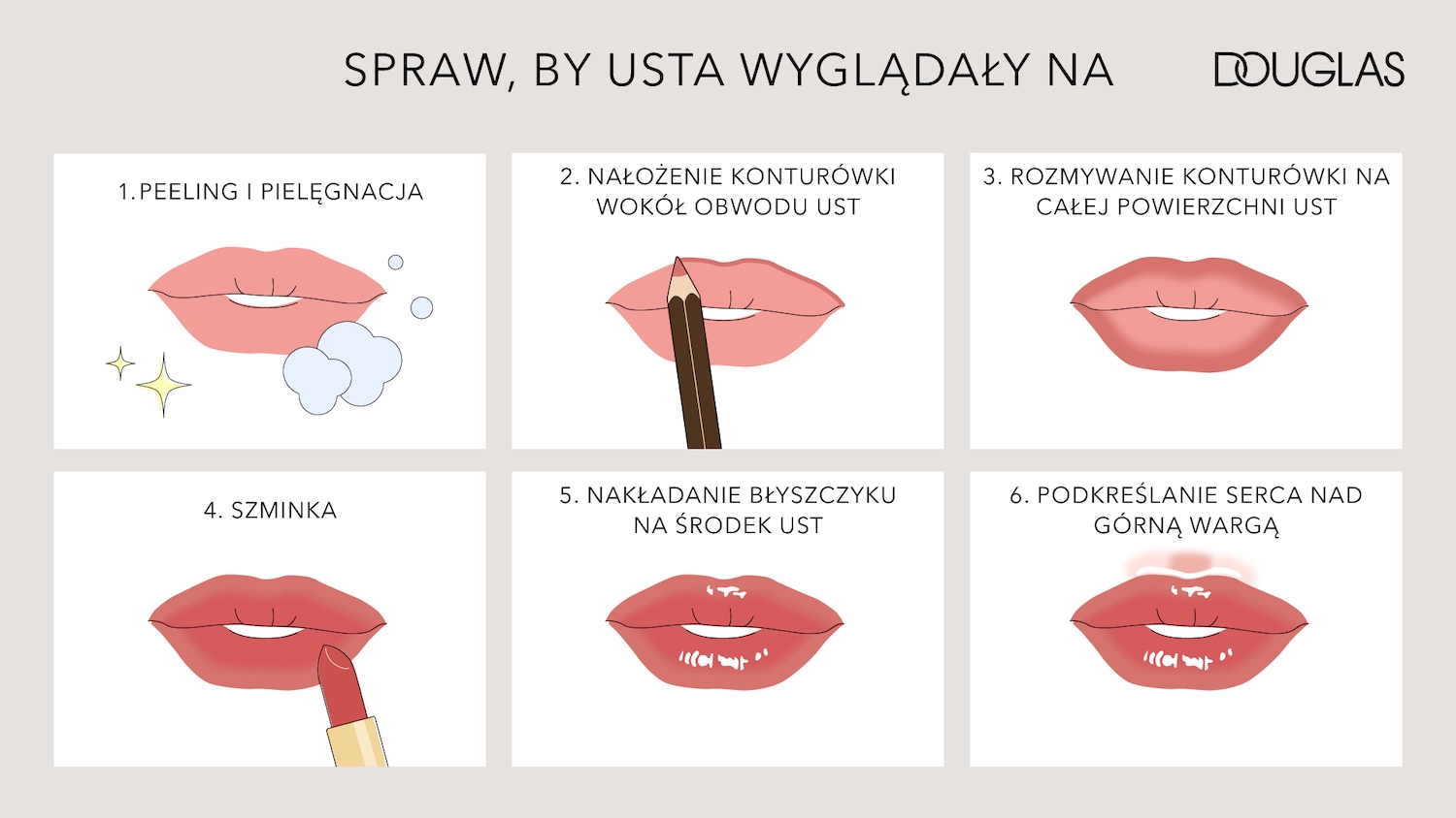 Douglas presents steps to make your lips look beautiful: start with peeling and care for a smooth base.