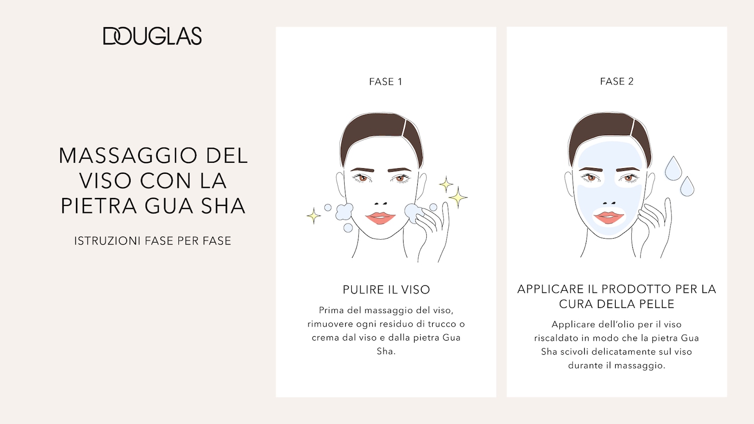 Fasi del massaggio viso con la pietra Gua Sha: prima, pulire il viso per rimuovere ogni residuo di trucco o crema.