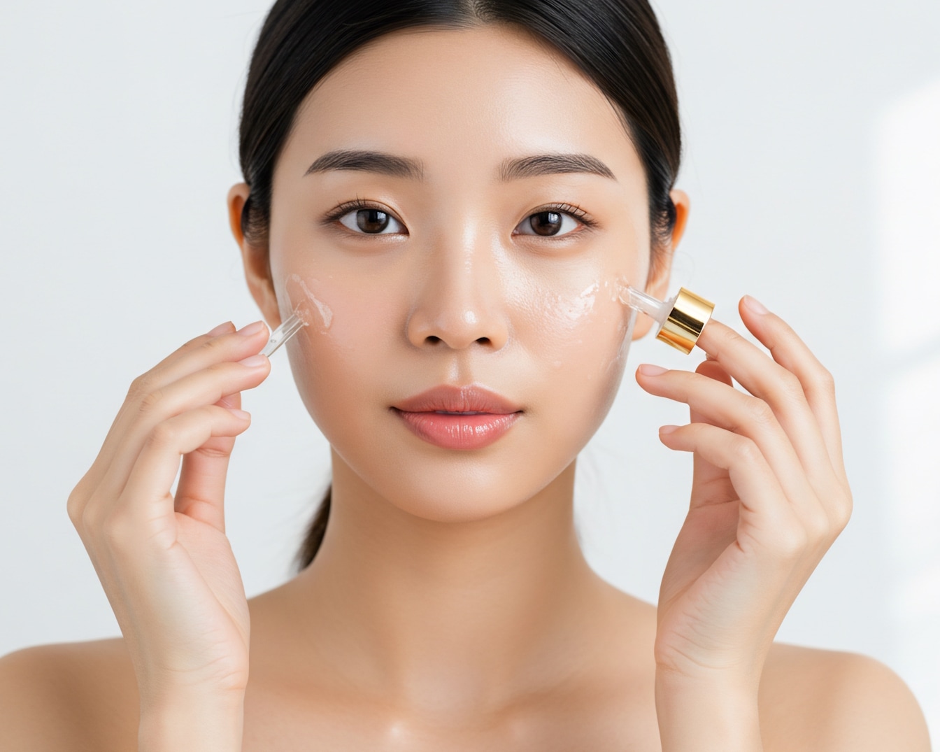 Eine Frau mit hellbraunen Augen und dunklen Haaren trägt ein durchsichtiges Serum mit einer Pipette auf ihr Gesicht auf.