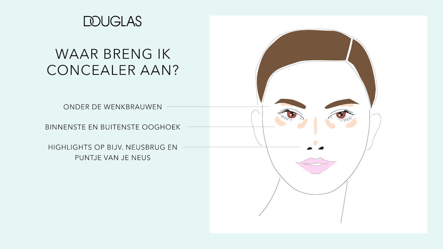 Waar breng ik concealer aan? Onder de wenkbrauwen, binnenste en buitenste ooghoek, highlights op bijv. neusbrug en puntje van je neus.