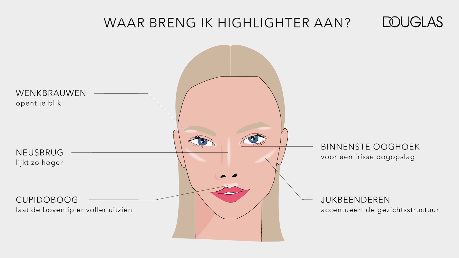 Face chart shows where to apply highlighter: on the brow bones to open up the eyes, on the bridge of the nose to make it look higher, on the cupid's bow to make the upper lip look fuller, on the inner corner of the eye for a fresh look, and on the cheekbones to accentuate the facial structure.