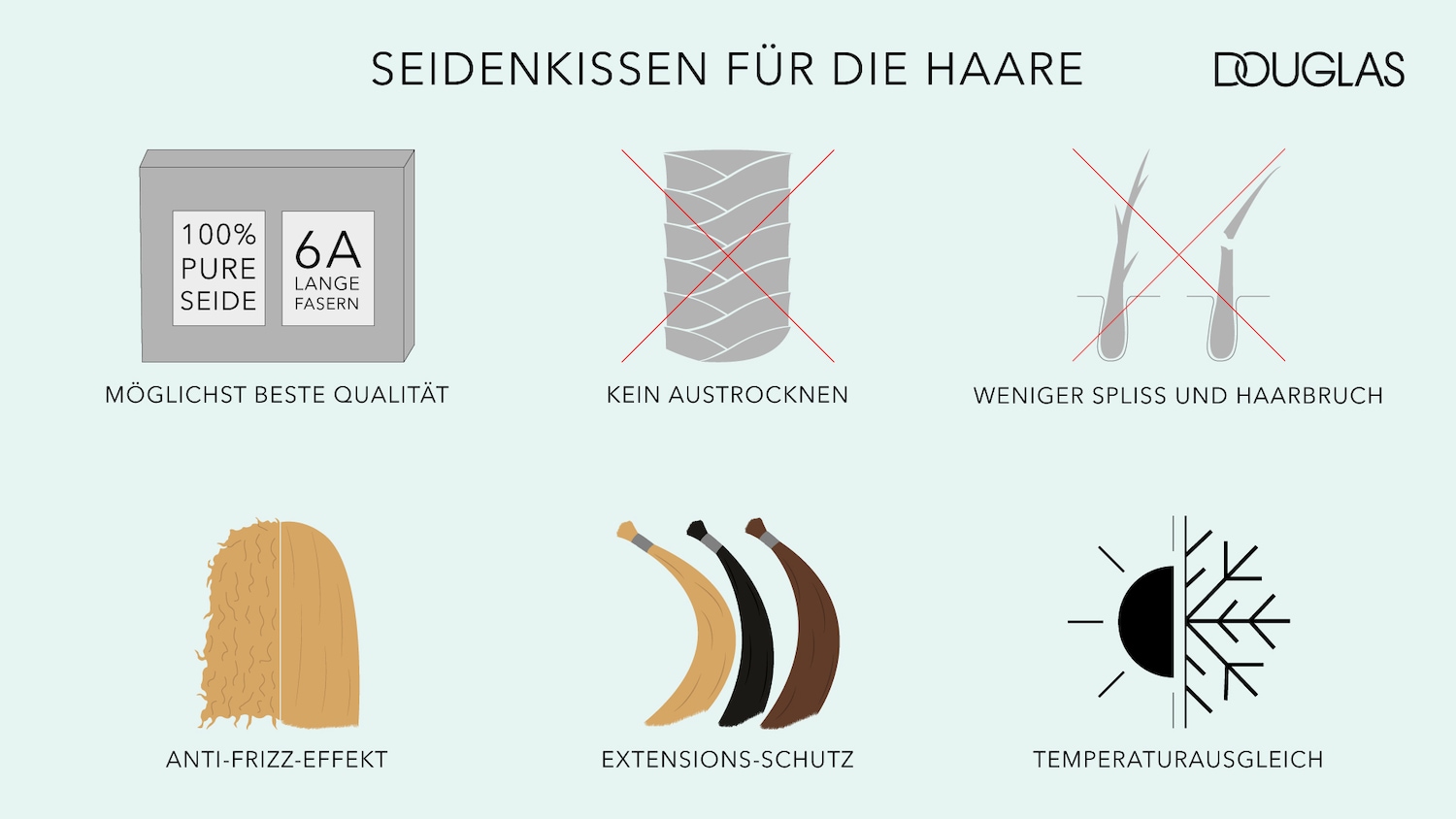 Seidenkissen für die Haare von Douglas: 100% reine Seide der besten Qualität für lange Fasern, die das Austrocknen verhindern, Spliss und Haarbruch reduzieren, einen Anti-Frizz-Effekt haben, Extensions schützen und den Temperaturausgleich fördern.