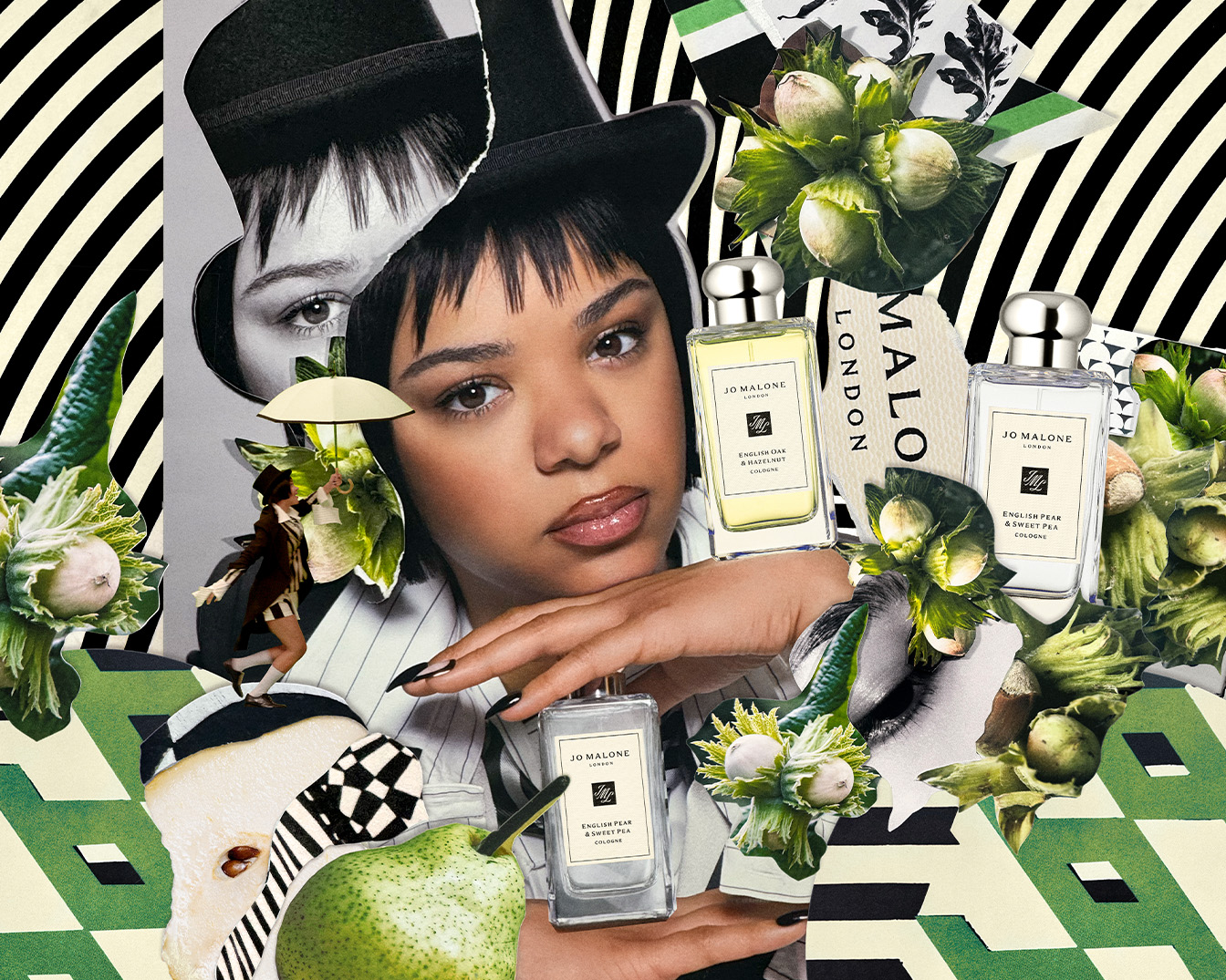 Koláž s mladou ženou, flakónmi parfumov Jo Malone English Pear & Sweet Pea Cologne a English Oak & Hazelnut Cologne, orechmi a hruškami na pozadí s geometrickými vzormi.