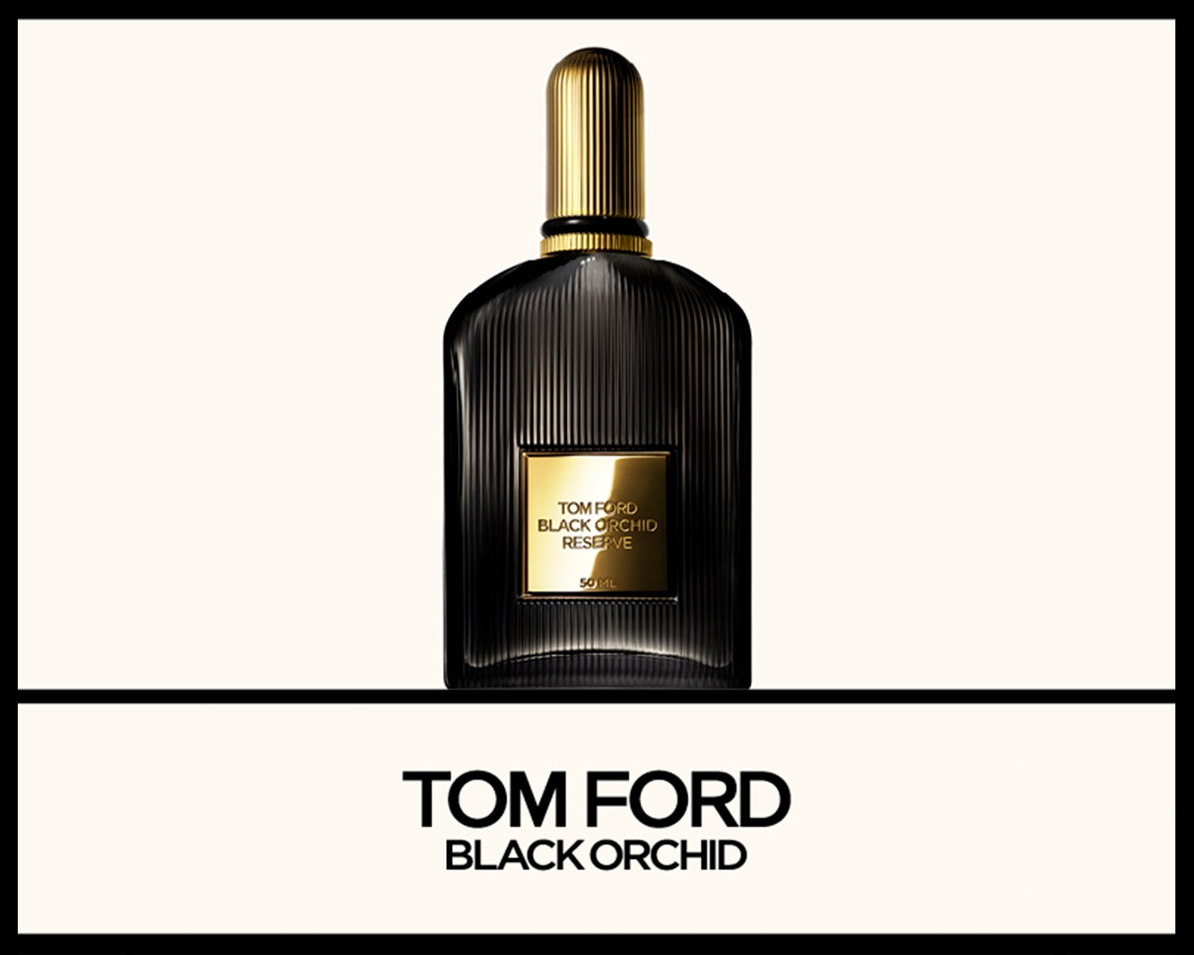 El frasco de perfume Tom Ford Black Orchid Reserve de 50 ml es de cristal negro acanalado con una etiqueta dorada y un tapón dorado acanalado, que irradia lujo y sofisticación.