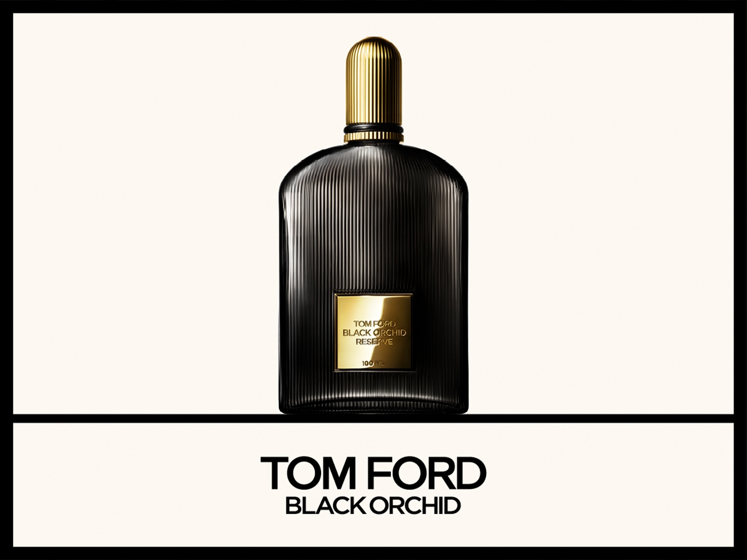 El frasco de perfume Tom Ford Black Orchid Reserve, elegante y acanalado, con detalles dorados, promete una fragancia intensa y lujosa.