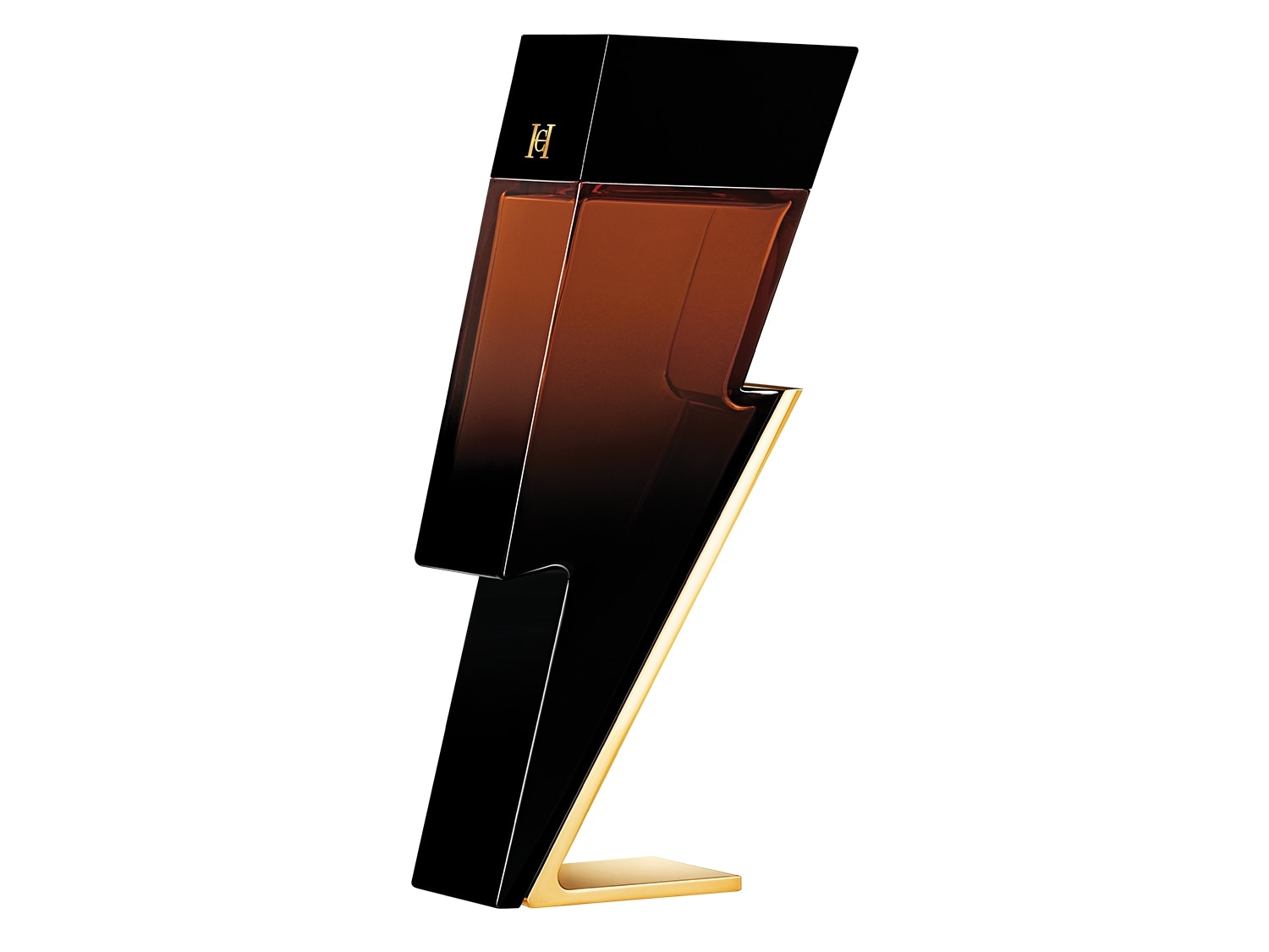 Flakon pánské vůně ve tvaru blesku v černo-hnědé barvě se zlatým podstavcem.