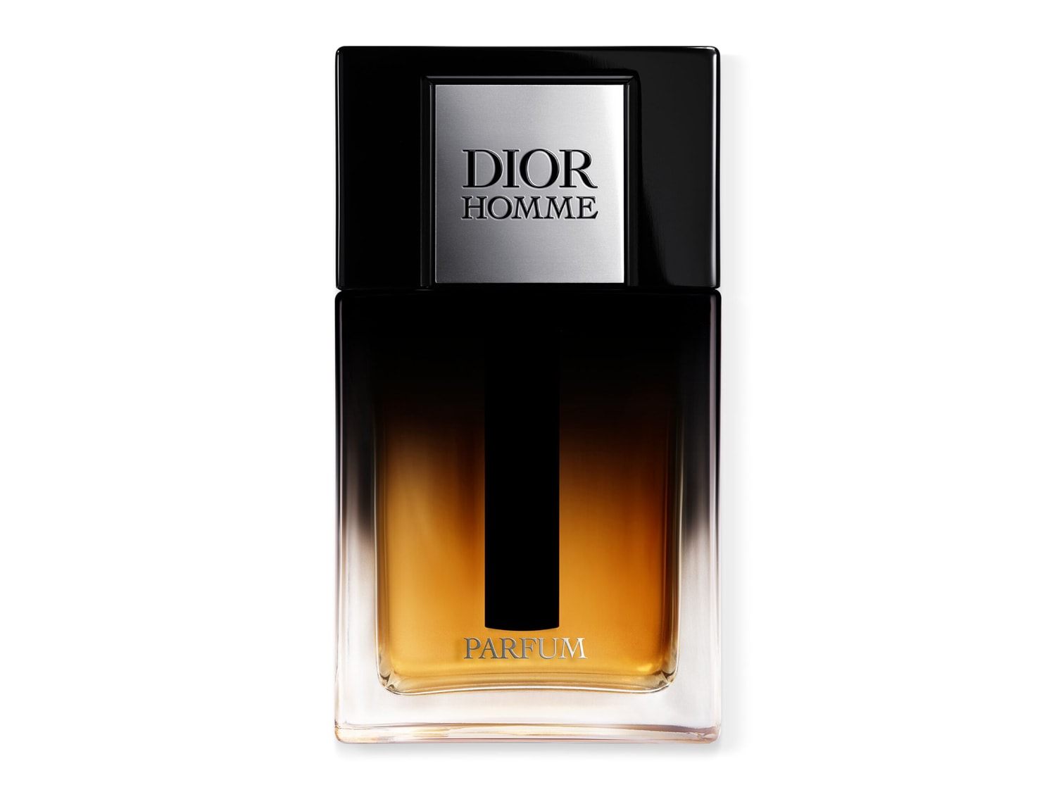 Flakón Dior Homme Parfum s čiernym vrchnákom a zlatistou tekutinou, elegantný a sofistikovaný.