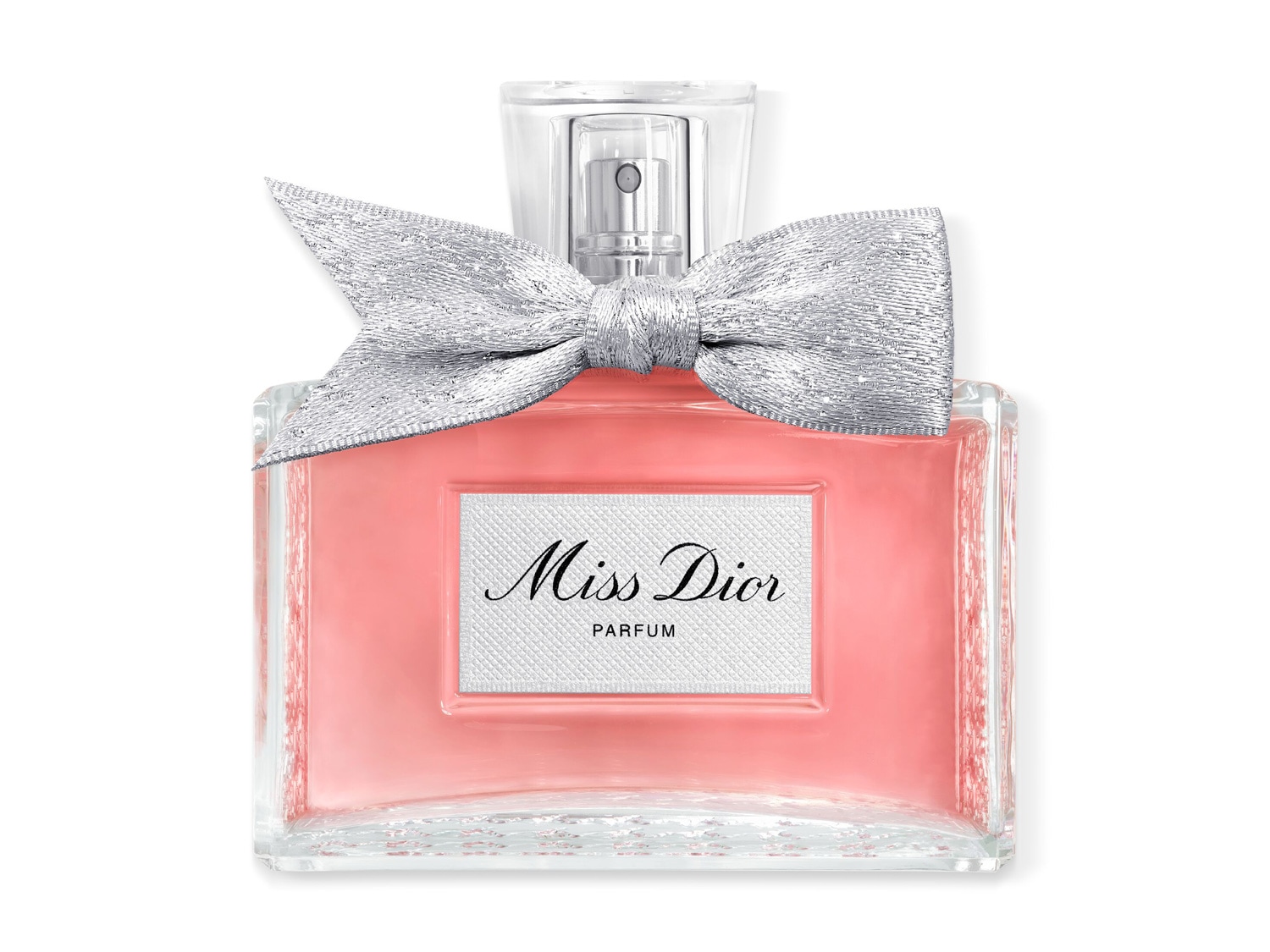 Flakón Miss Dior Parfum s ružovou tekutinou, ozdobený striebornou mašľou, stelesňuje eleganciu a ženskosť.