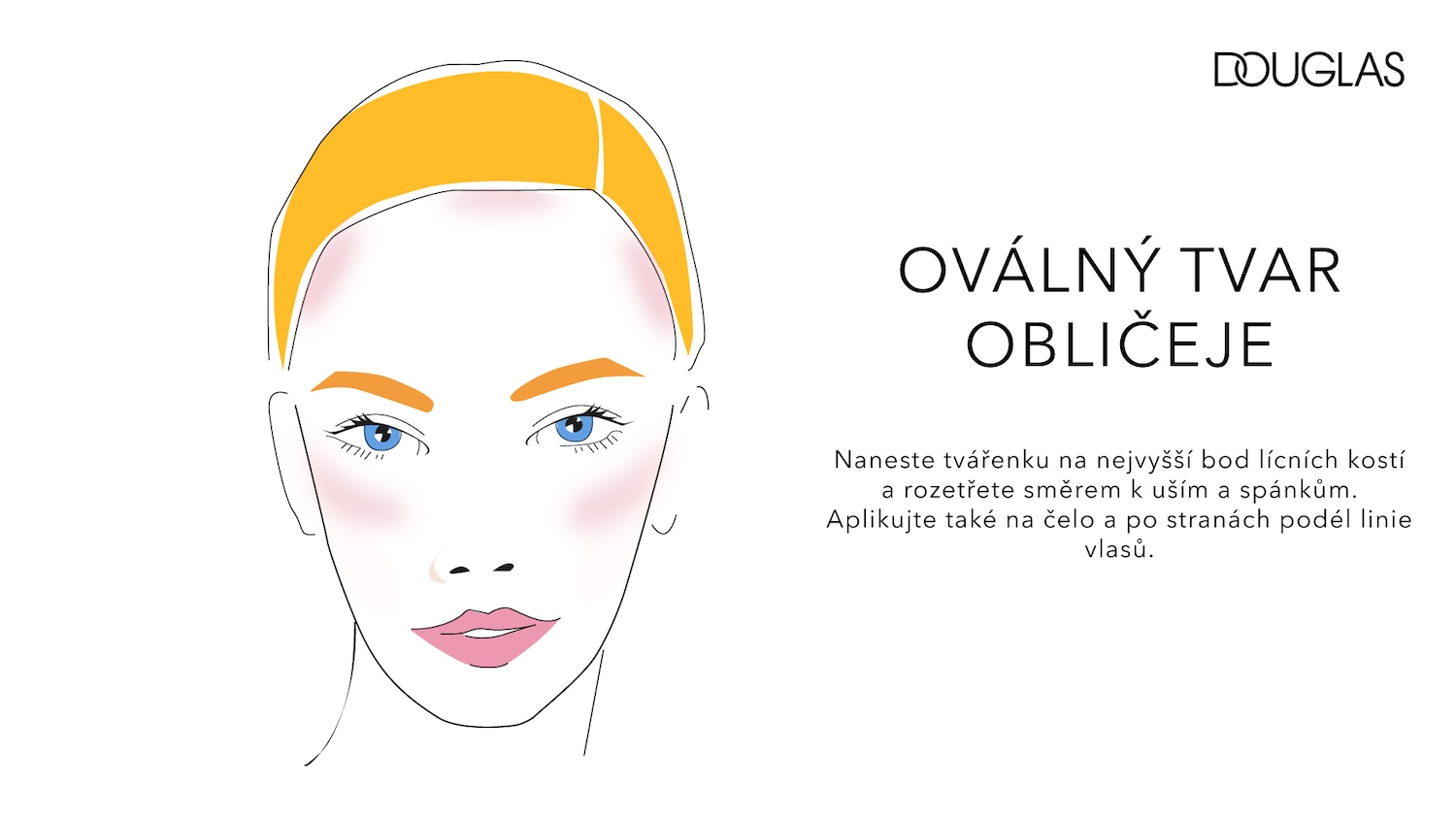 Illustration of an oval face with blush applied to the cheekbones, forehead, and temples, accompanied by the text "Oval Face Shape" and instructions to apply blush to the highest point of the cheekbones.