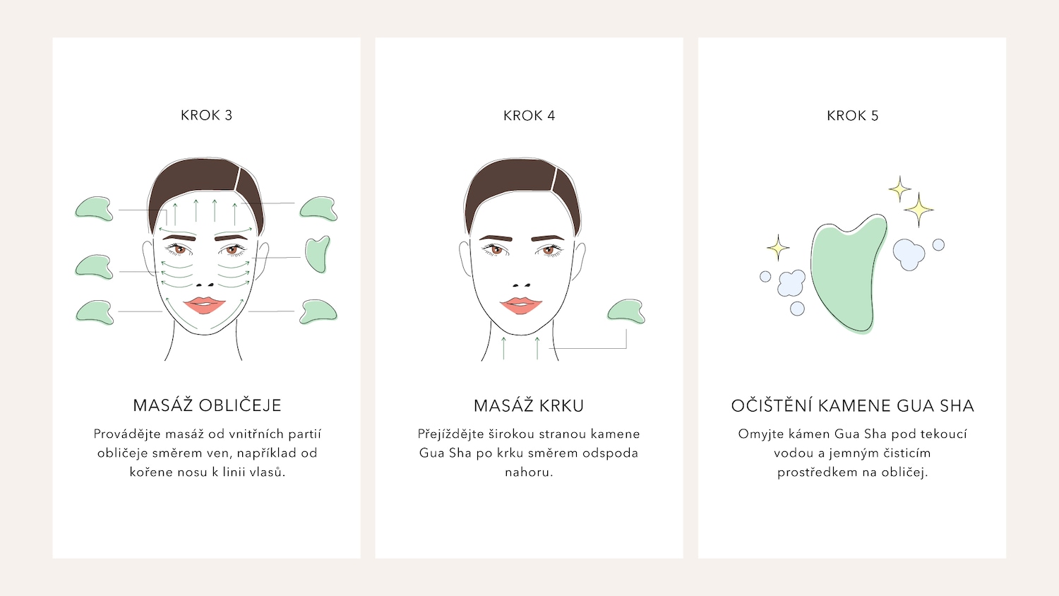 Krok 3: Jemně masírujte obličej zeleným kamenem Gua Sha od vnitřních partií obličeje směrem ven, například od kořene nosu k linii vlasů.