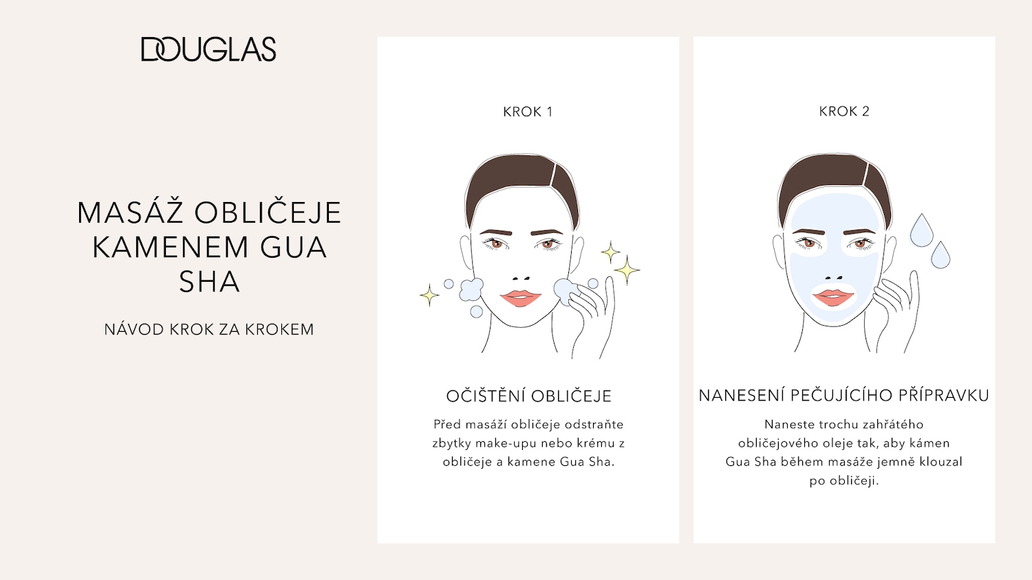 Ilustrace ukazuje krok za krokem masáž obličeje kamenem Gua Sha, začíná se očištěním obličeje od make-upu nebo krému.